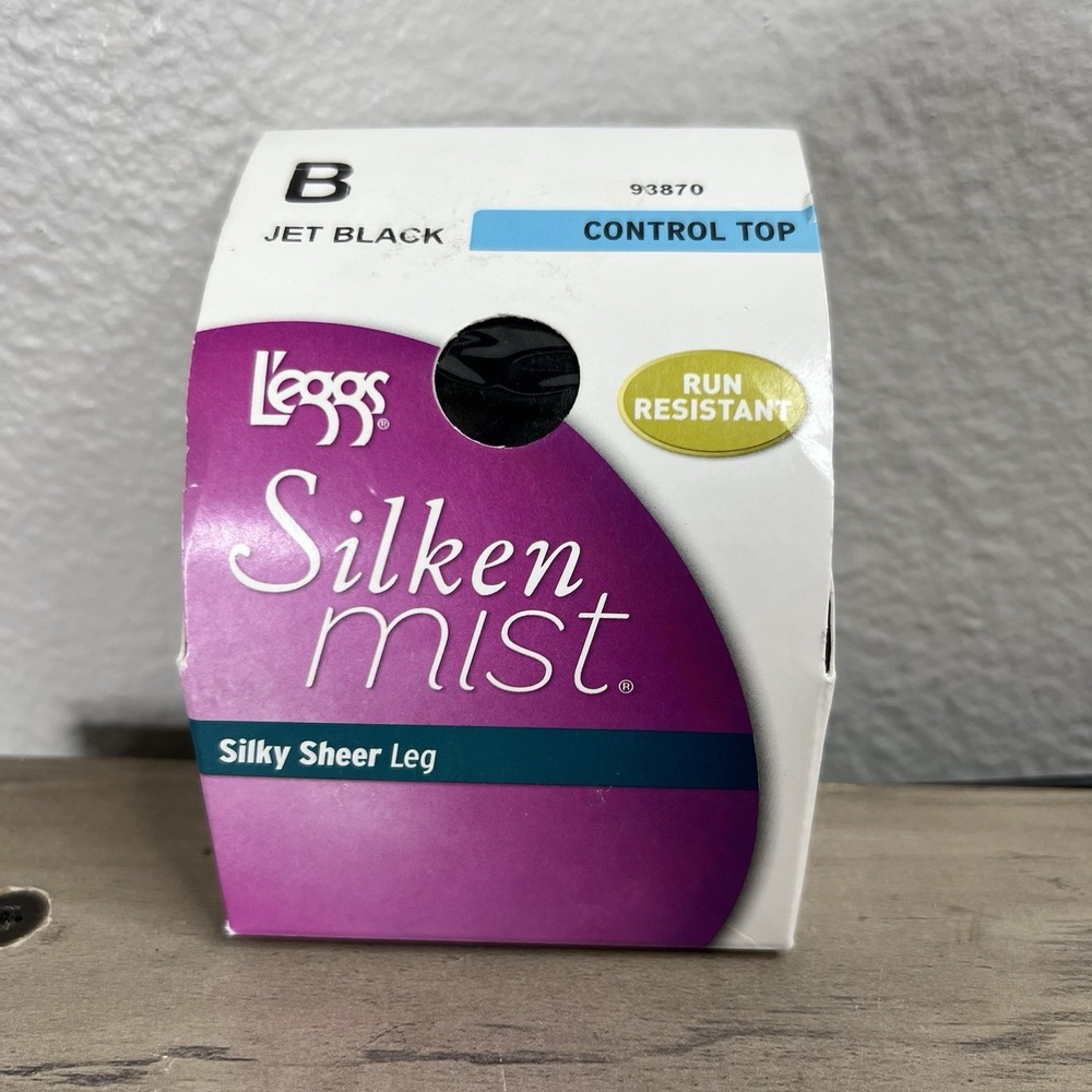 1 Pair L'eggs Silken Mist Pantyhose Jet Black 93870 Control Top Silky Sheer Sz B